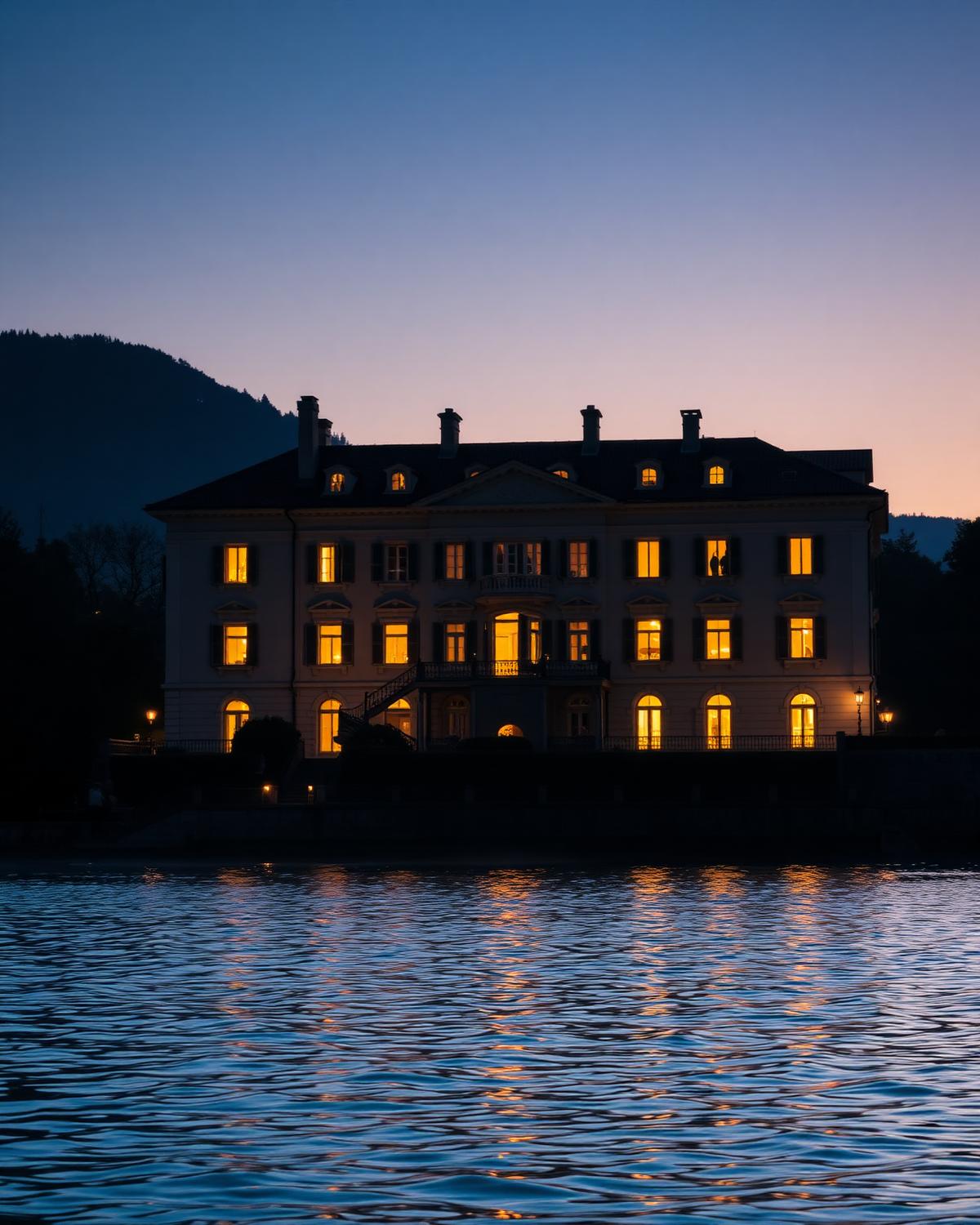 Classical villa on Lake Como at twilight
