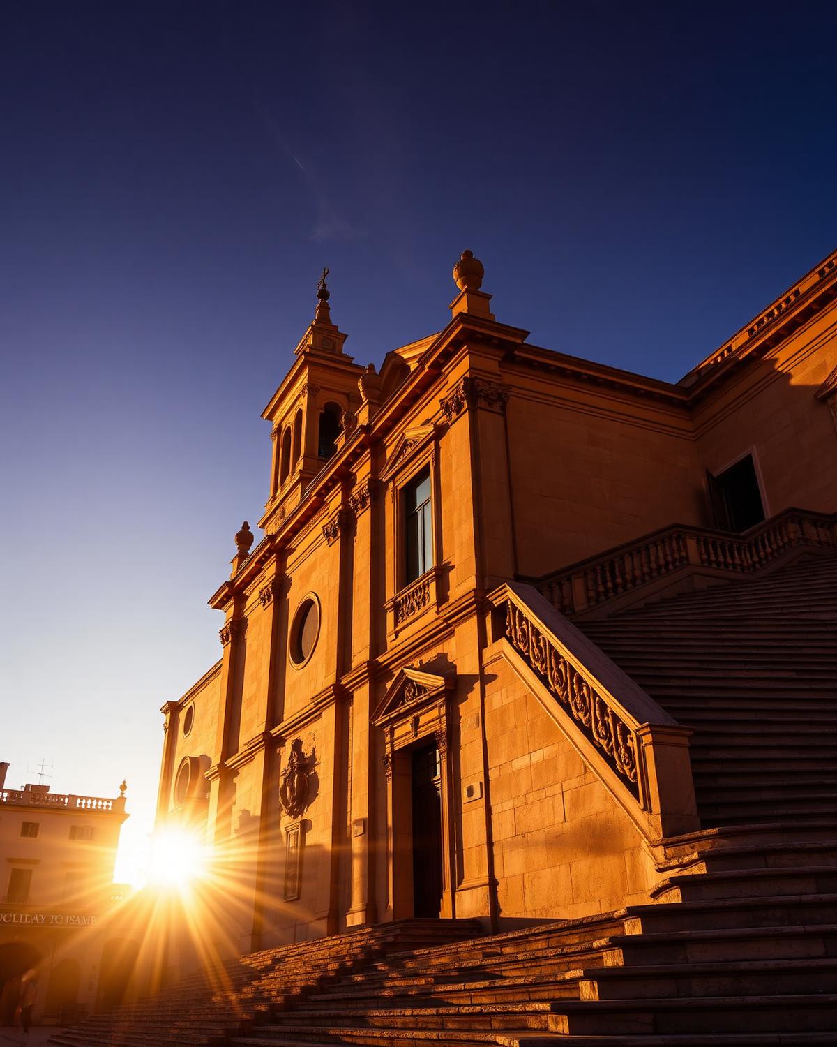 Baroque palazzo facade in Noto, Sicily at golden hour