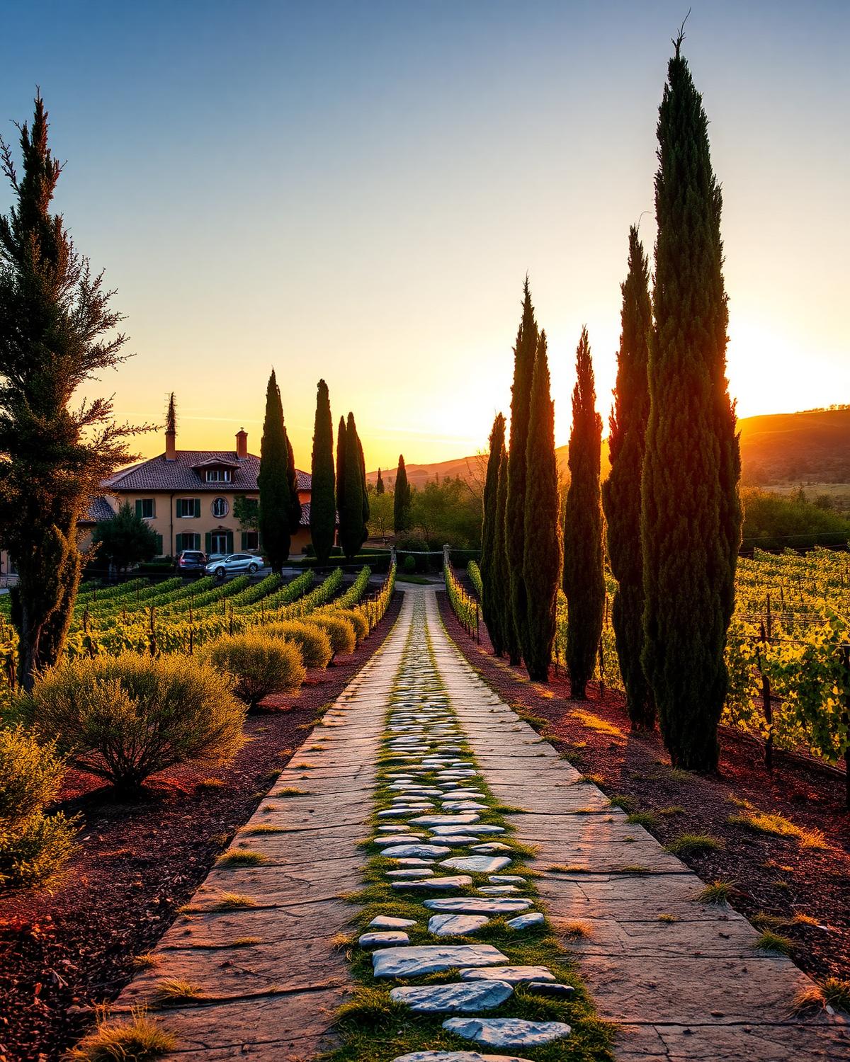 Tuscan villa and vineyard at sunset