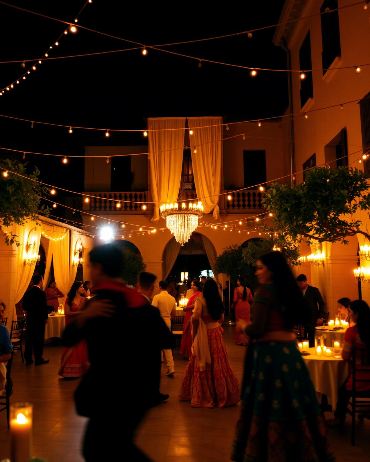 Sangeet night in a Sicilian courtyard under string lights