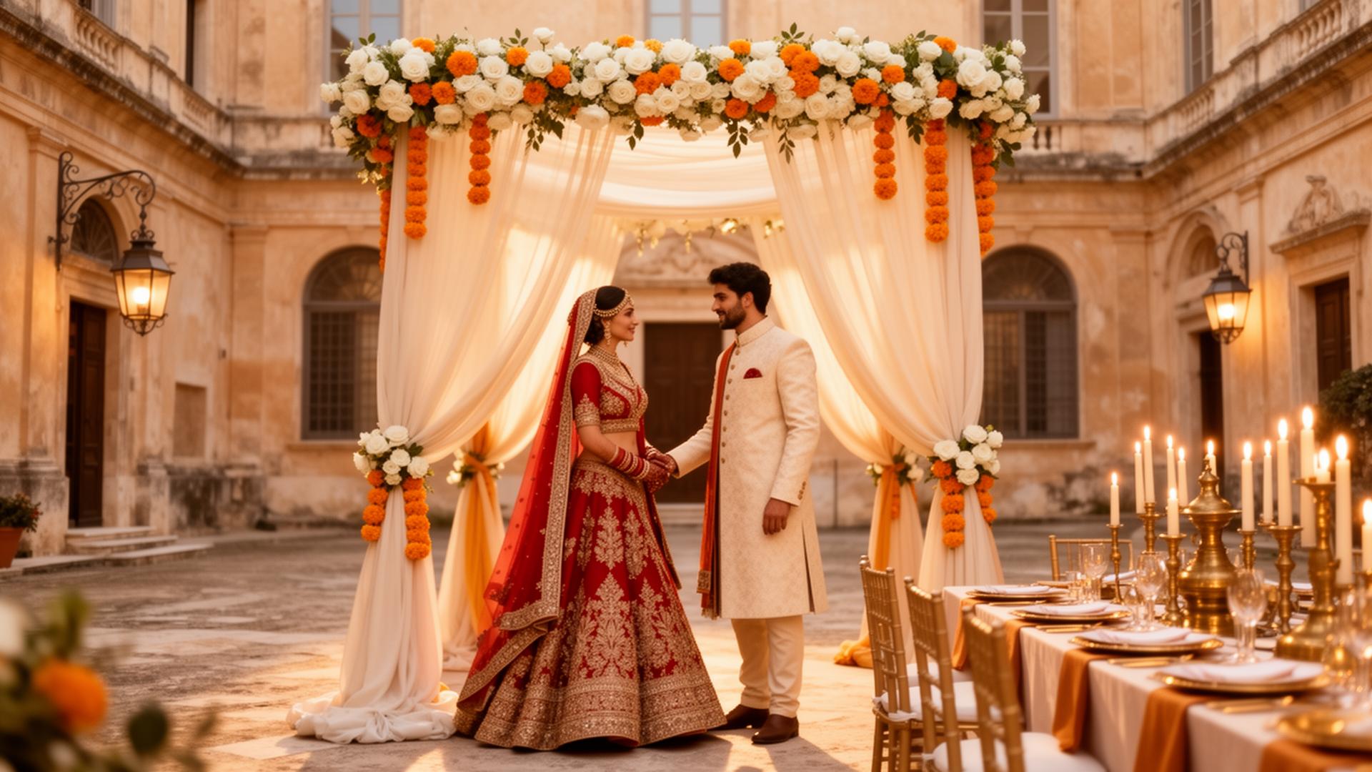 Indian bride and groom beneath a draped mandap in a Sicilian palazzo courtyard at golden hour