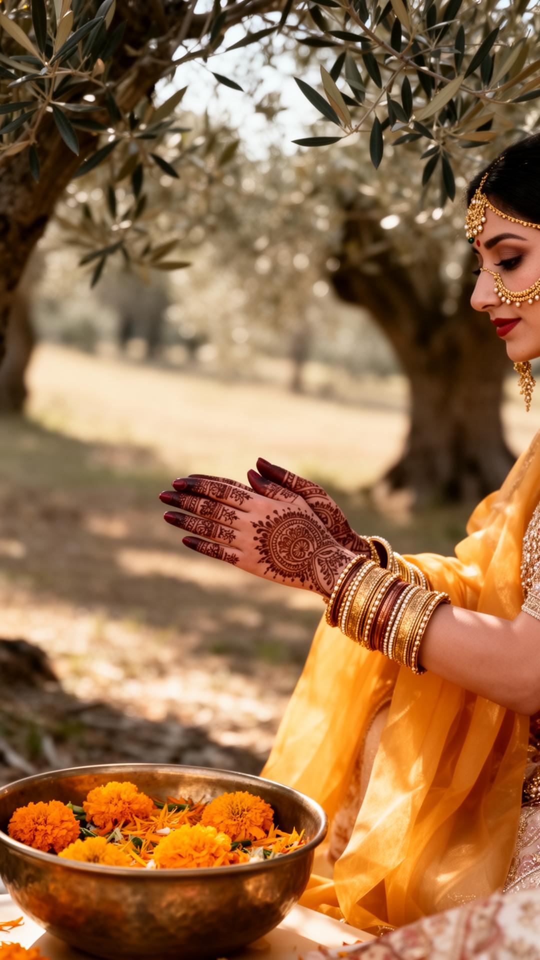 Bride's mehndi hands beneath olive trees