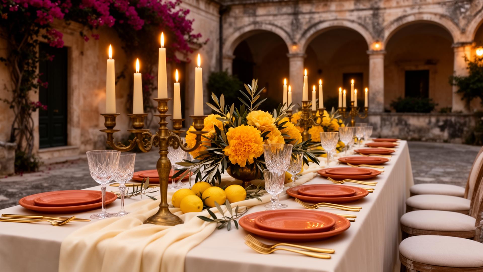 Long candlelit Sicilian welcome dinner table with brass candelabras, citrus and olive branches